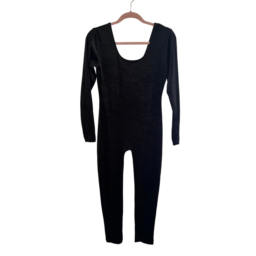 Vintage 90s Black Velvet Catsuit M Bodysuit Jumpsuit Boho Whimsigoth Goth - Picture 2 of 5